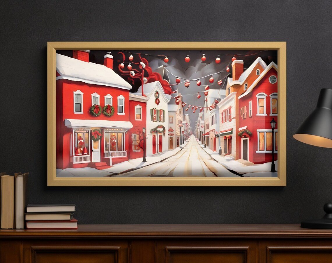 Folk Art Red Christmas Town Street Snowy Lights Holiday Wall Art