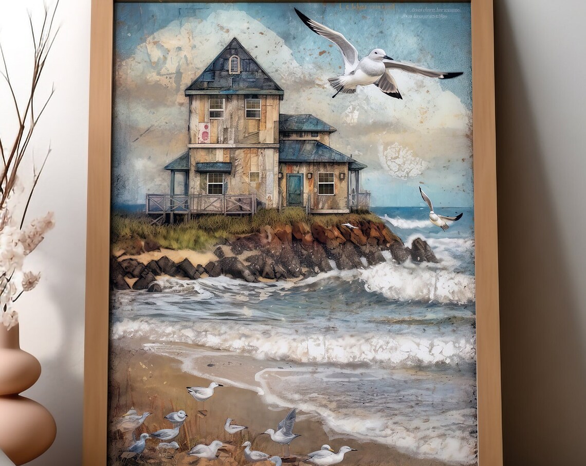 Seaside Cottage with Seagulls Coastal House Beach Waves Wall Art