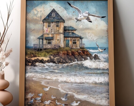 Seaside Cottage with Seagulls Coastal House Beach Waves Wall Art