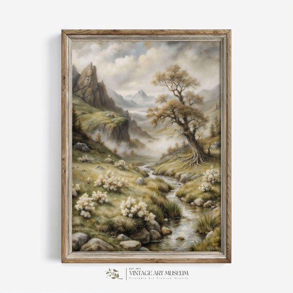 Mountain Valley Stream with Mist Vintage Summer Landscape Wall Art