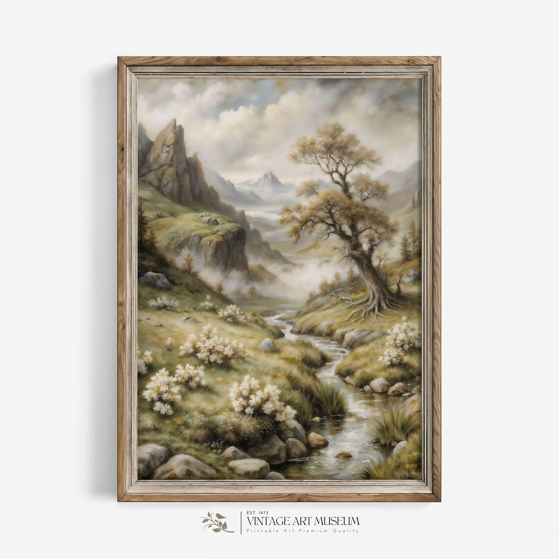 Mountain Valley Stream with Mist Vintage Summer Landscape Wall Art