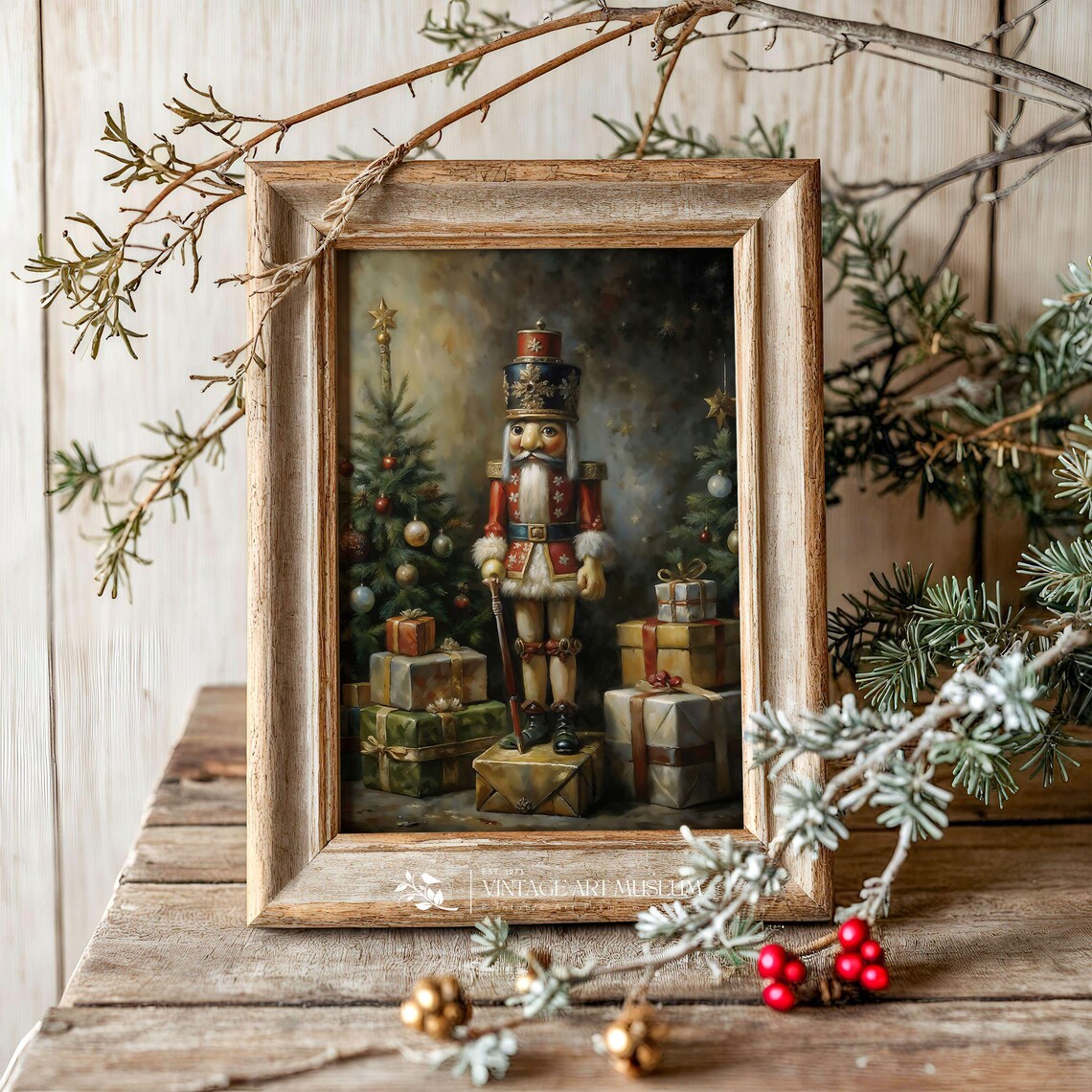 Wooden Nutcracker Toy Christmas Art Print, Rustic Vintage - Image 3