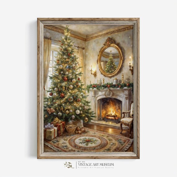 Vintage Christmas Painting Art Print, Neutral Holiday Decor