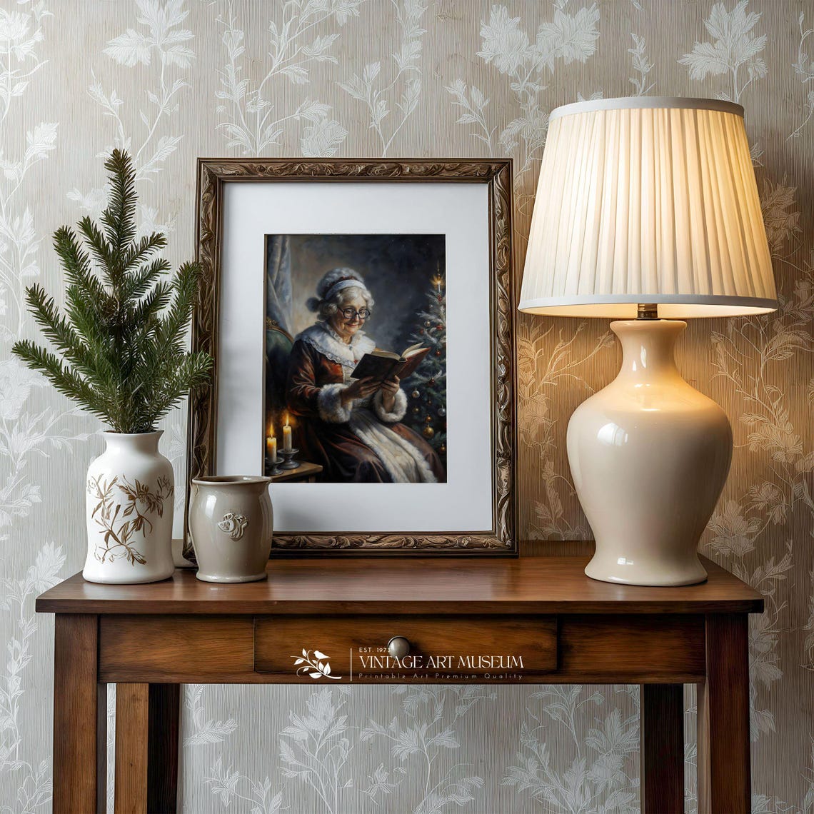 Elderly Woman Reading by Candlelight Beside Christmas Tree Poster - Image 3