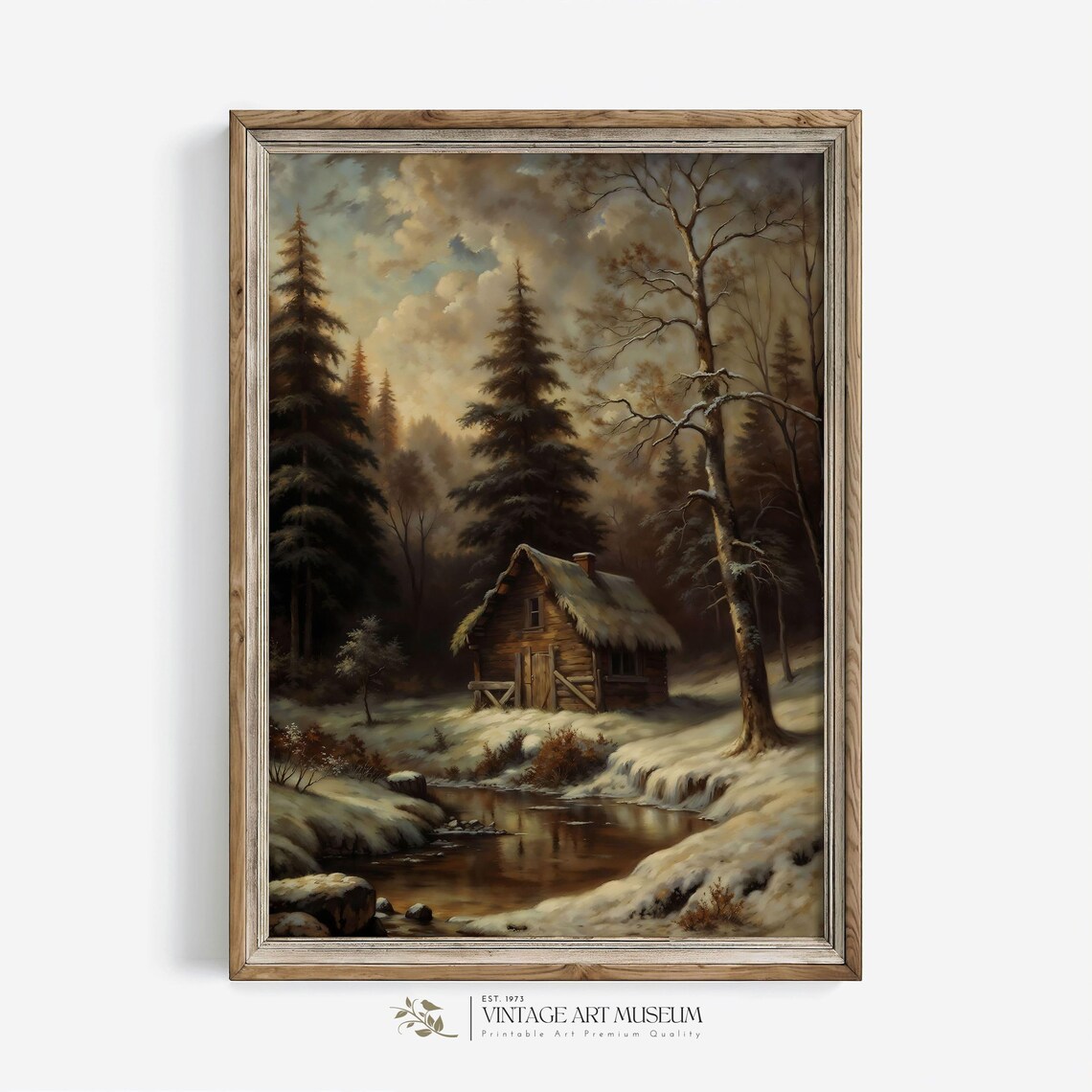 Winter Woodland Cabin Print Snowy Landscape Wall Art Dark Moody Vintage Style Oil Painting Warm Tone Cottagecore Decor 139 - Image 3