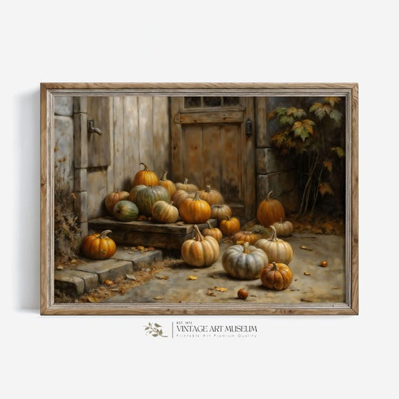 Rustic Pumpkins Art Print, Vintage Fall Harvest