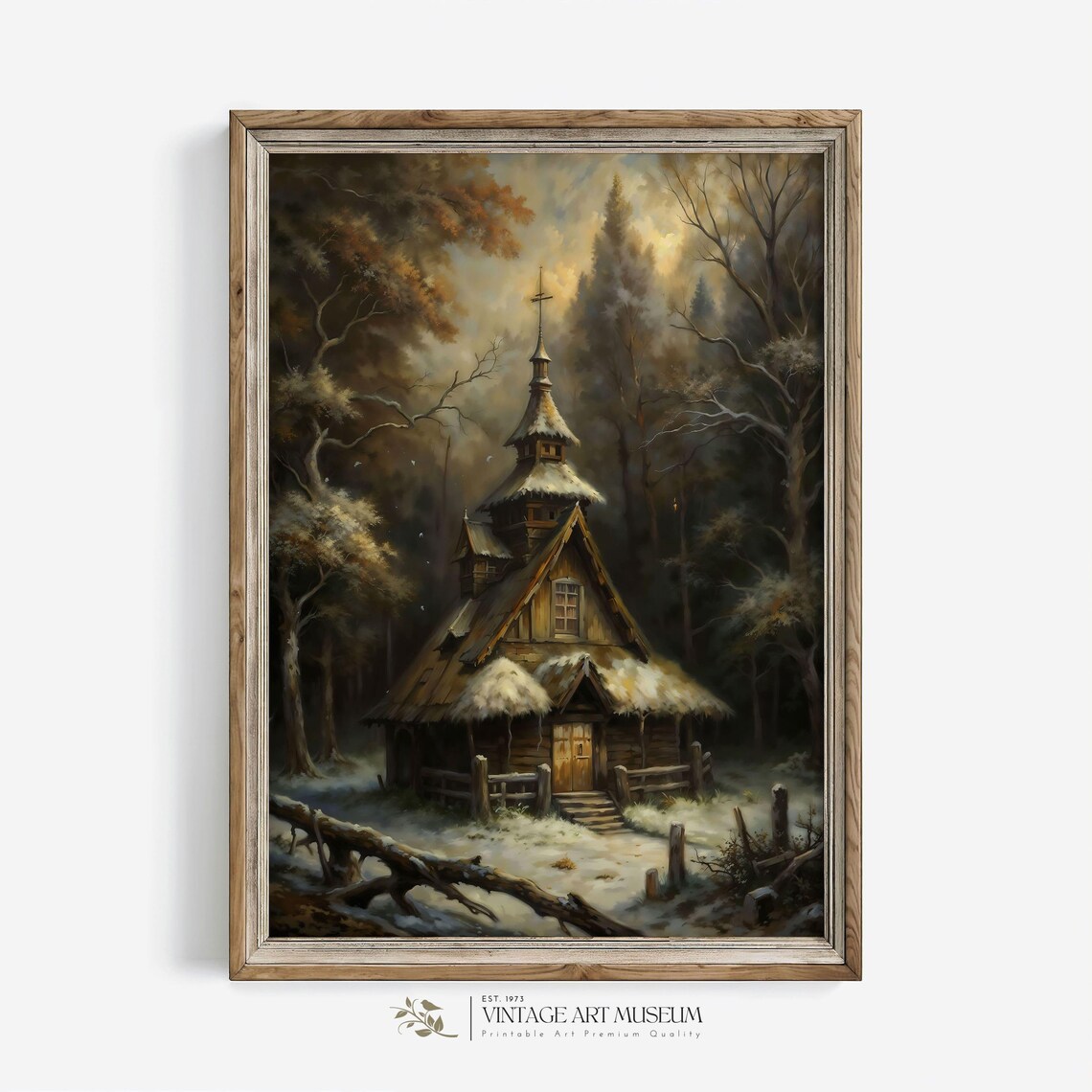 Dark Wooden Church In Snowy Autumn Forest Moody Vintage Painting Poster