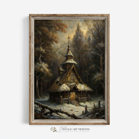 Dark Wooden Church In Snowy Autumn Forest Moody Vintage Painting Poster