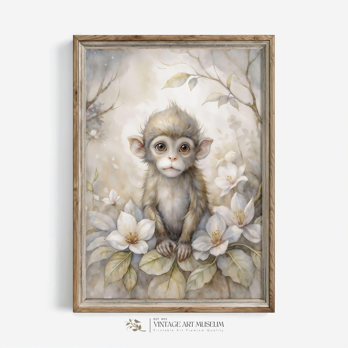 Charming Cute Monkey Flower Garden Watercolor Art For Cozy Nursery Decor 592 - Image 3