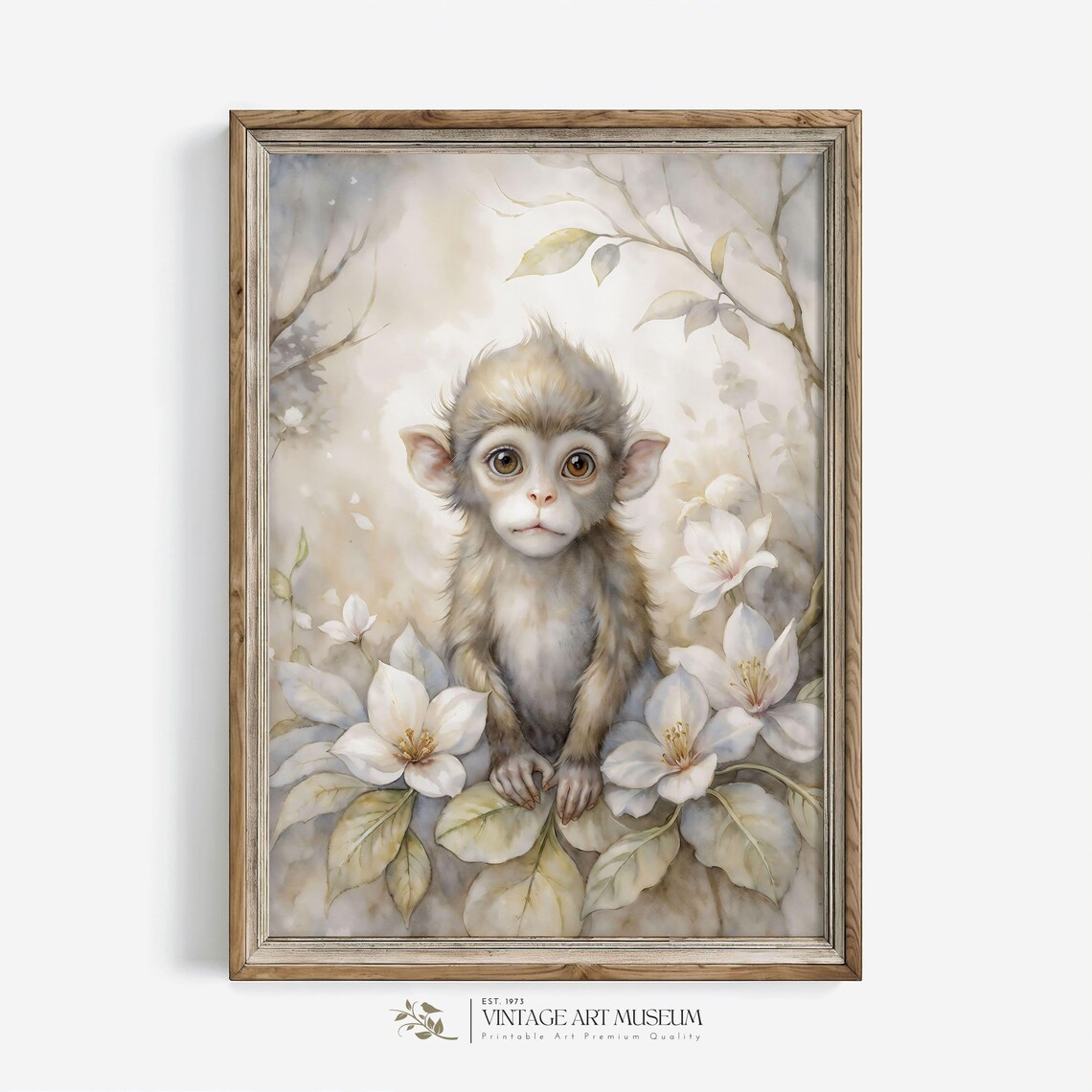 Cute Monkey Flower Garden Watercolor Cozy Nursery Animal Wall Art - Image 3