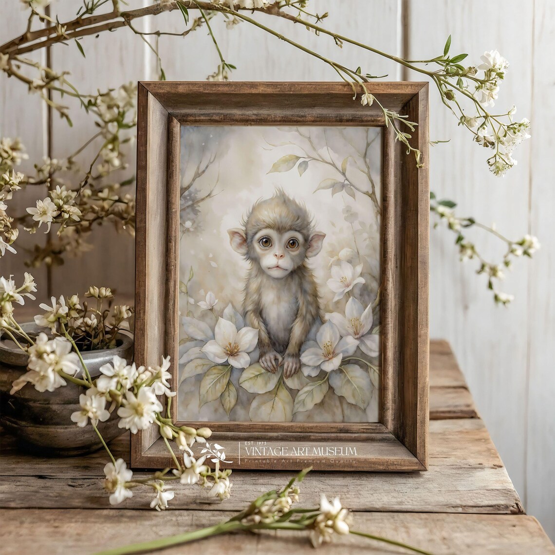 Cute Monkey Flower Garden Watercolor Cozy Nursery Animal Wall Art - Image 2
