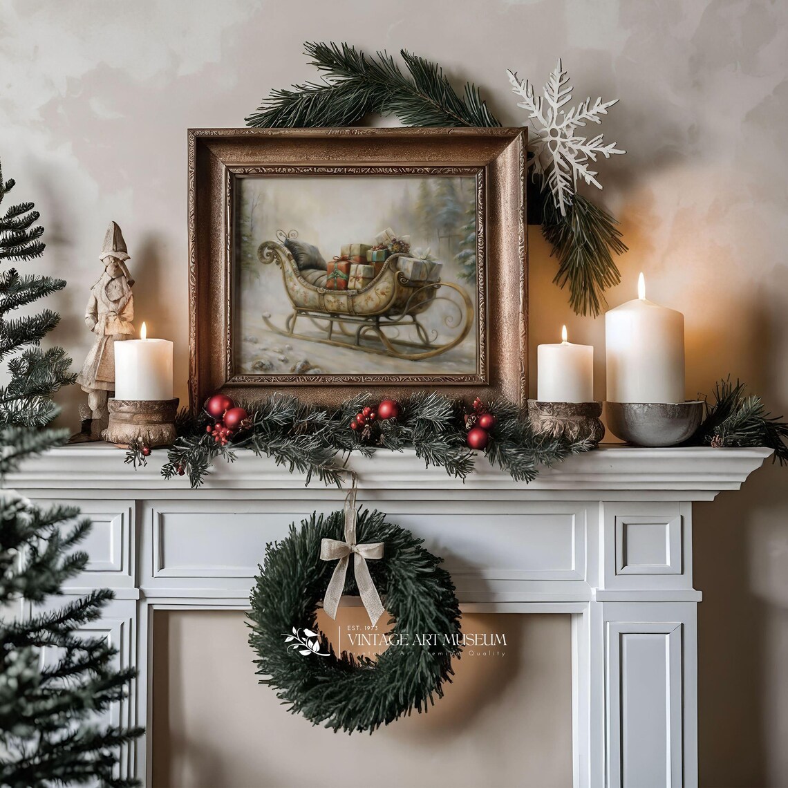 Vintage Sleigh With Santa Gifts Christmas Art Print - Image 3