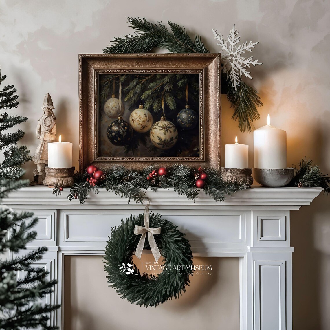 Christmas Ornaments on Pine Branch, Rustic Holiday Print - Image 2