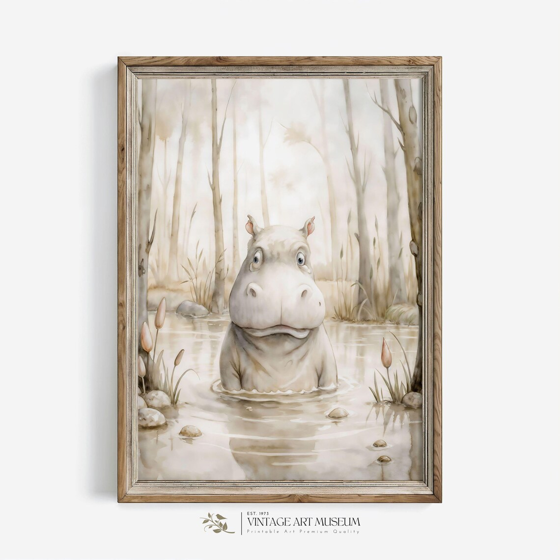 Watercolor Baby Hippo in a Pond Soft Beige Nursery Animal Wall Poster