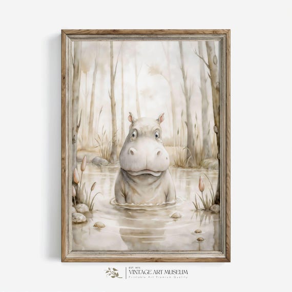 Cute Surprised Hippo Large Wall Art Warm Tones Vintage Watercolor Nursery Decor 599
