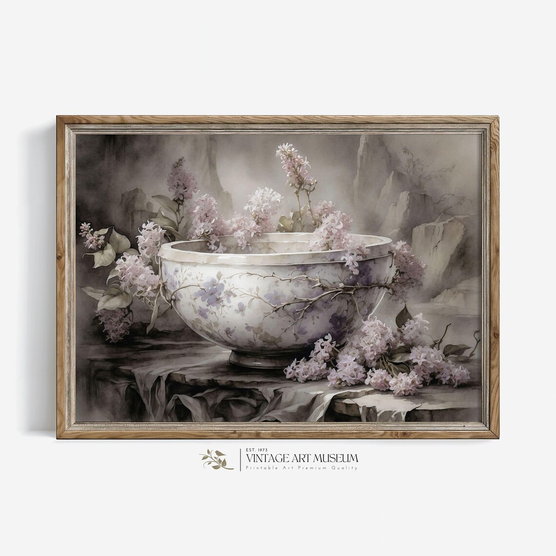 Porcelain Bowl Blush Blossoms Moody Watercolor Chinoiserie Poster