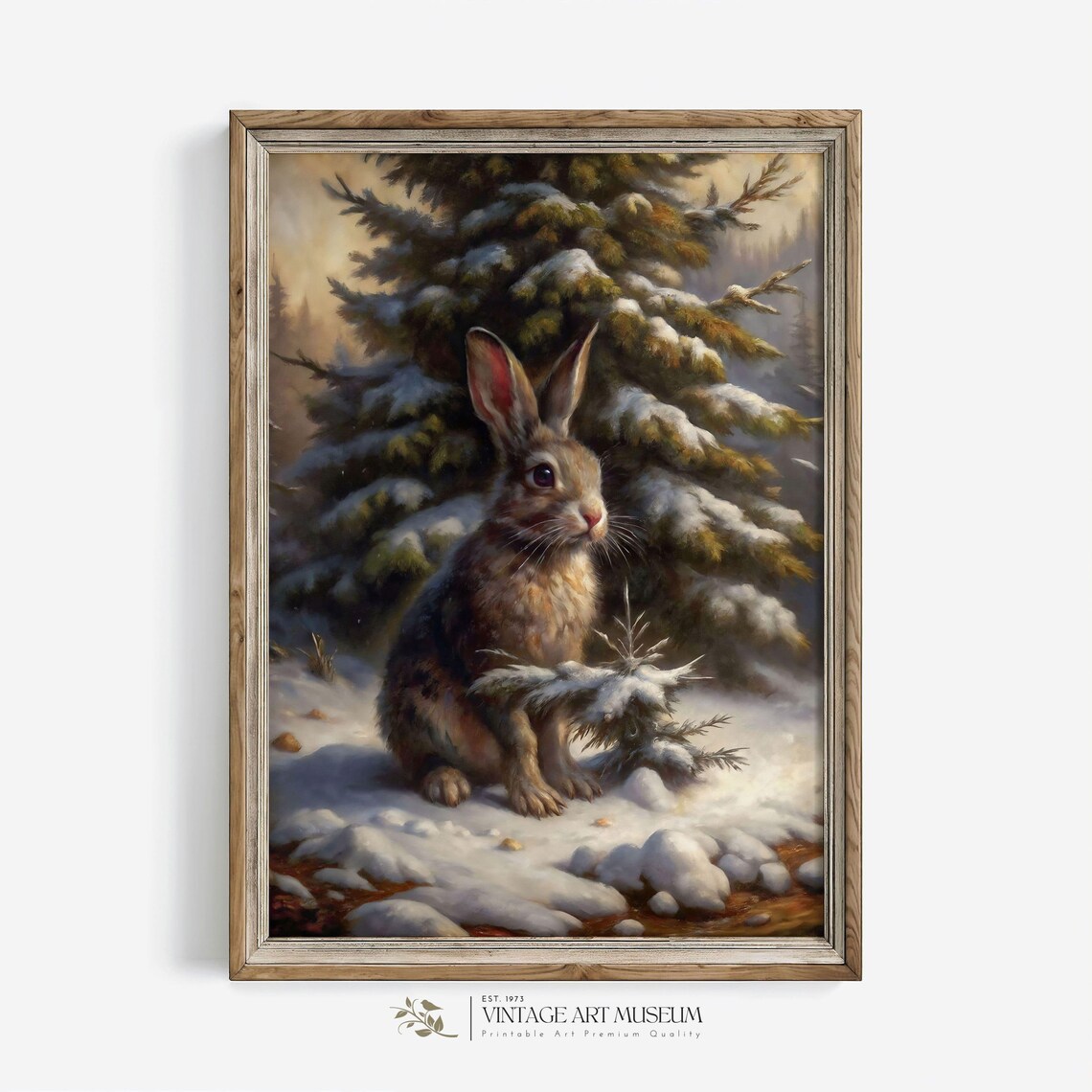 Brown Rabbit in Snow Before Snow Laden Pine Trees Oil Painting Poster