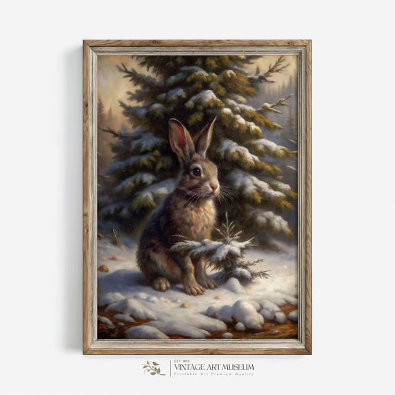 Forest Rabbit Winter Wall Art Print Moody Christmas Scene Vintage Style Oil Painting Cottagecore Seasonal Decor 194