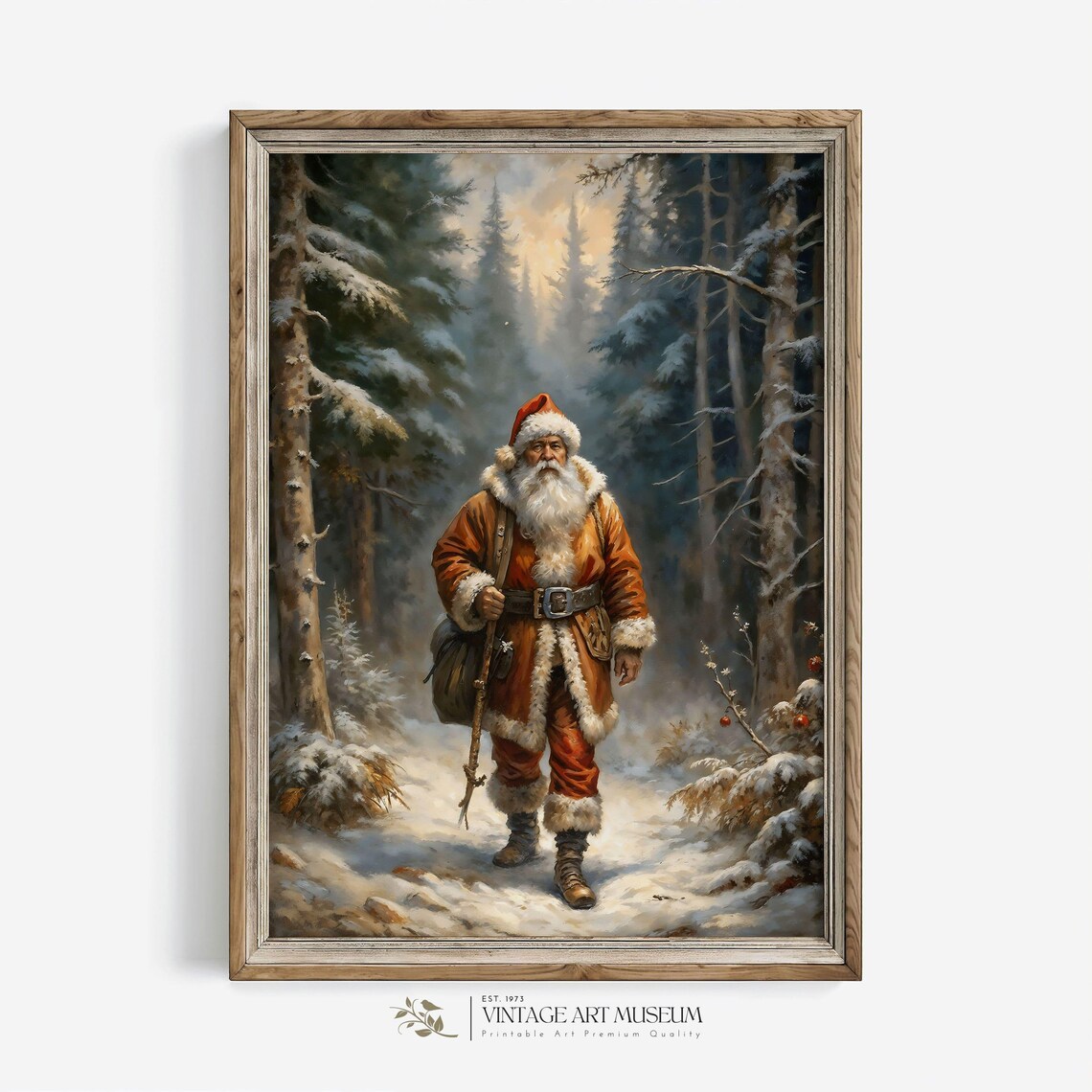 Santa Walking In Winter Forest, Vintage Art Print