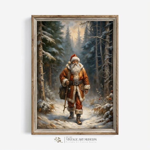 Santa Walking In Winter Forest, Vintage Art Print