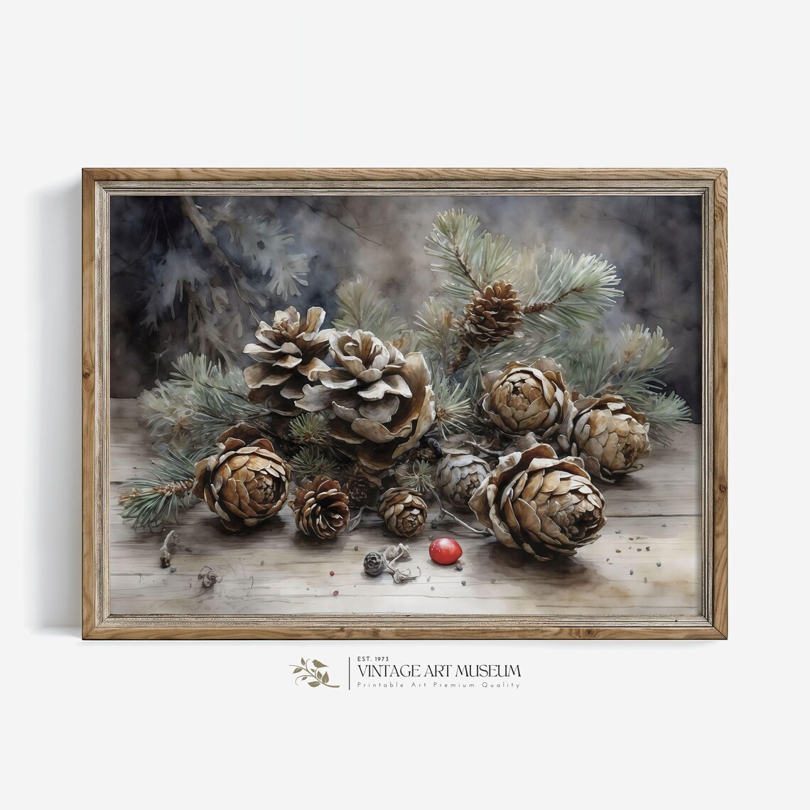 Country Christmas Pinecone Watercolor Holiday Art Print