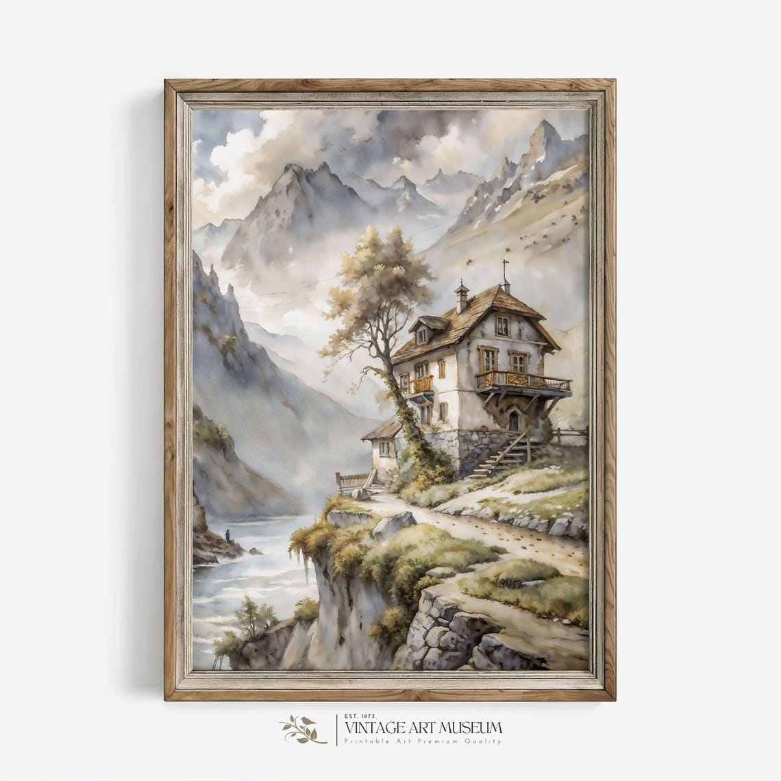 Alpine Mountain Cottage on a Rocky Cliff Above the River Room Poster - Image 3
