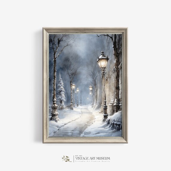 Snow Covered Park At Dusk Vintage Watercolor Poster