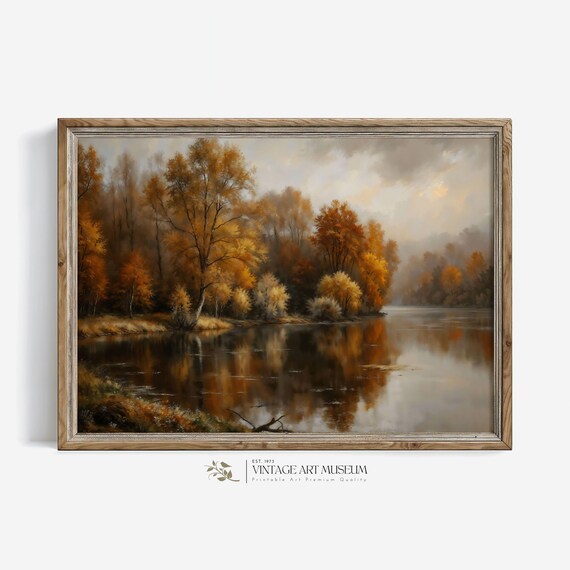 Autumn River with Golden Trees Reflected in Still Water Landscape Poster