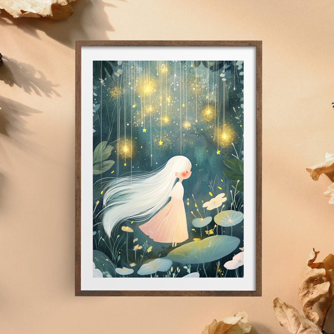 Dreamy Starry Night Forest, Whimsical Girl Illustration - Image 3