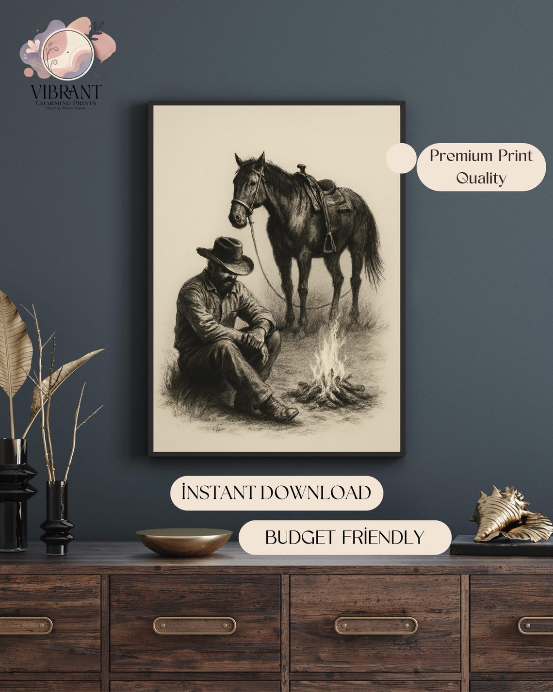 Western Cowboy Campfire Sketch, Rustic Vintage Decor - Image 4