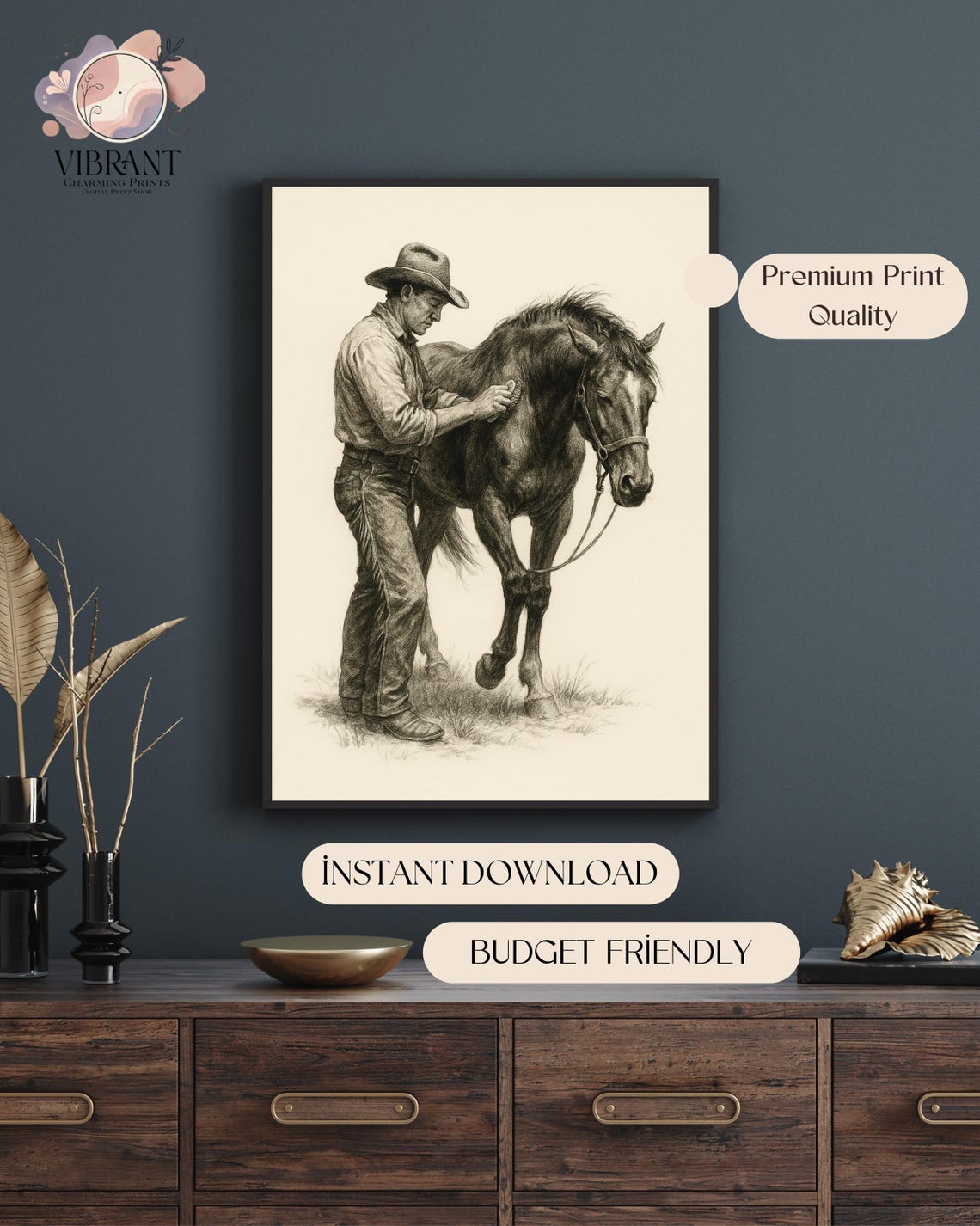 Western Cowboy Grooming Horse Sketch, Vintage Art - Image 4