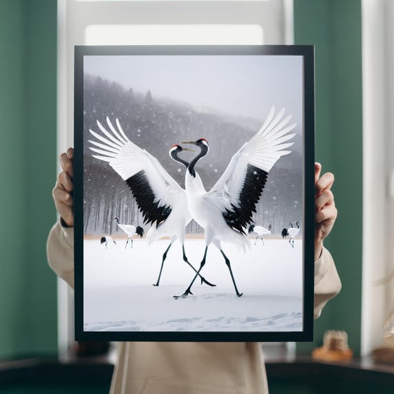 Dancing Cranes In Snow, Minimalist Zen Nature Art Print
