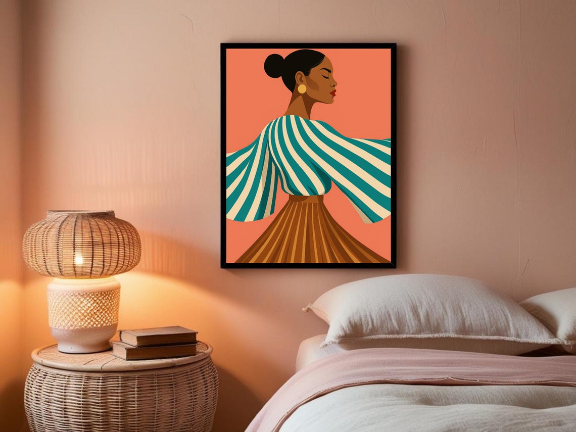 Bold Fashion Wall Art Of Woman In Teal Stripes - Image 3