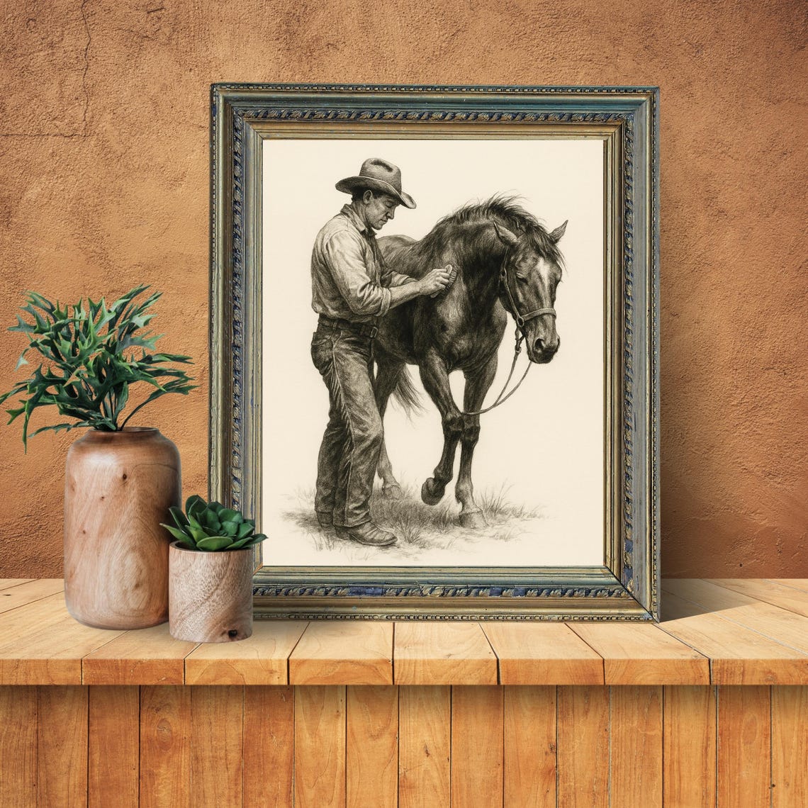 Western Cowboy Grooming Horse Sketch, Vintage Art - Image 2