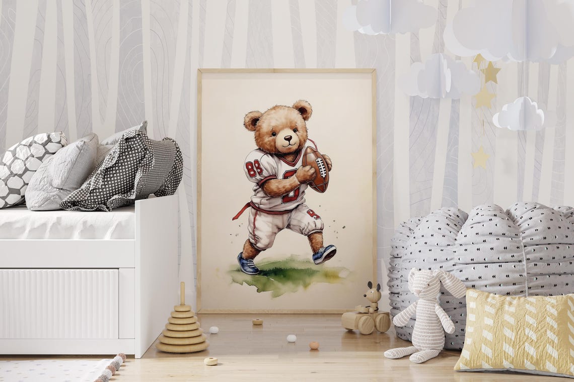 Football Bear Nursery Art, Baby Boy Sports Decor