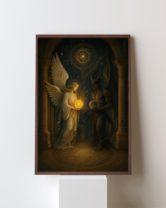 Angel And Demon Fantasy, Mystical Light And Dark Balance Art Print