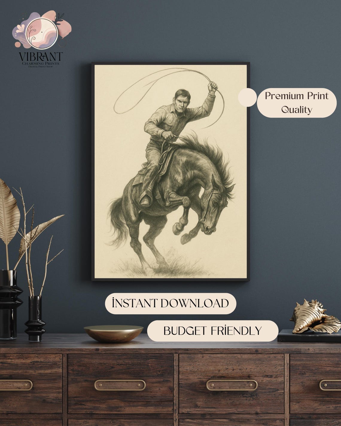 Western Cowboy Lasso Sketch, Rustic Western Decor - Image 4