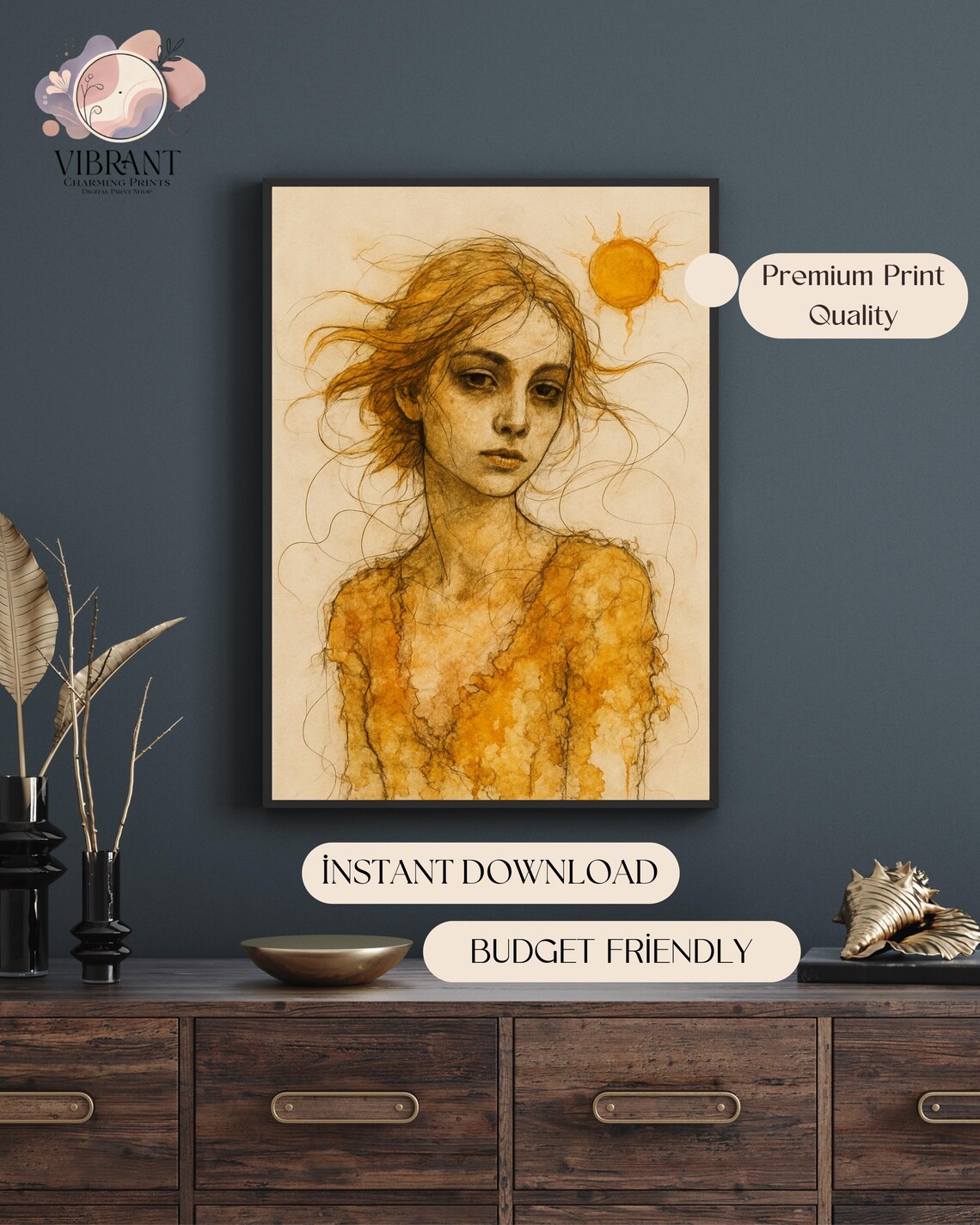 Golden Sun Woman Portrait, Boho Summer Decor - Image 5