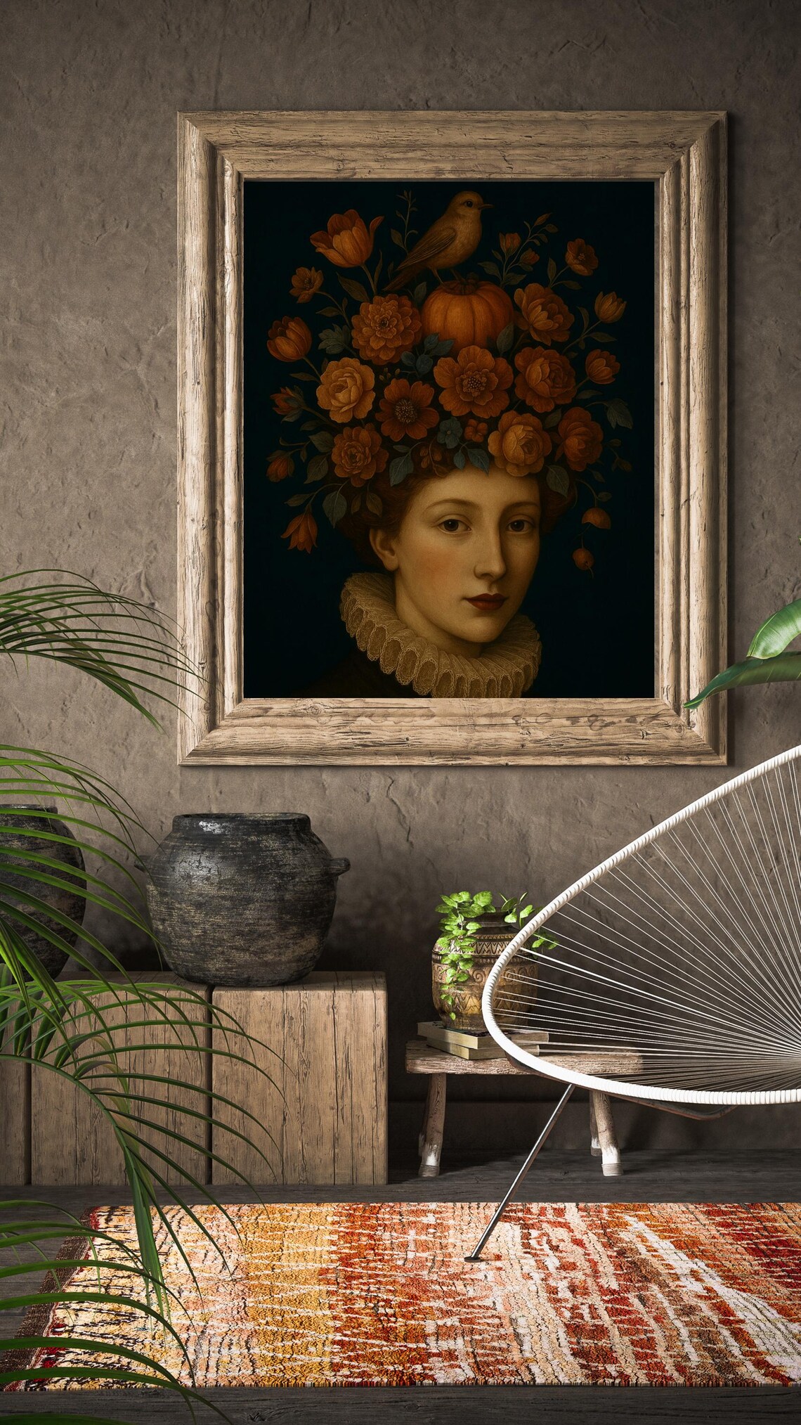 Autumn Floral Portrait, Vintage Woman With Pumpkin Crown - Image 4
