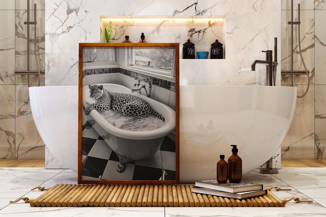 Leopard In Bathtub, Surreal Bathroom Decor
