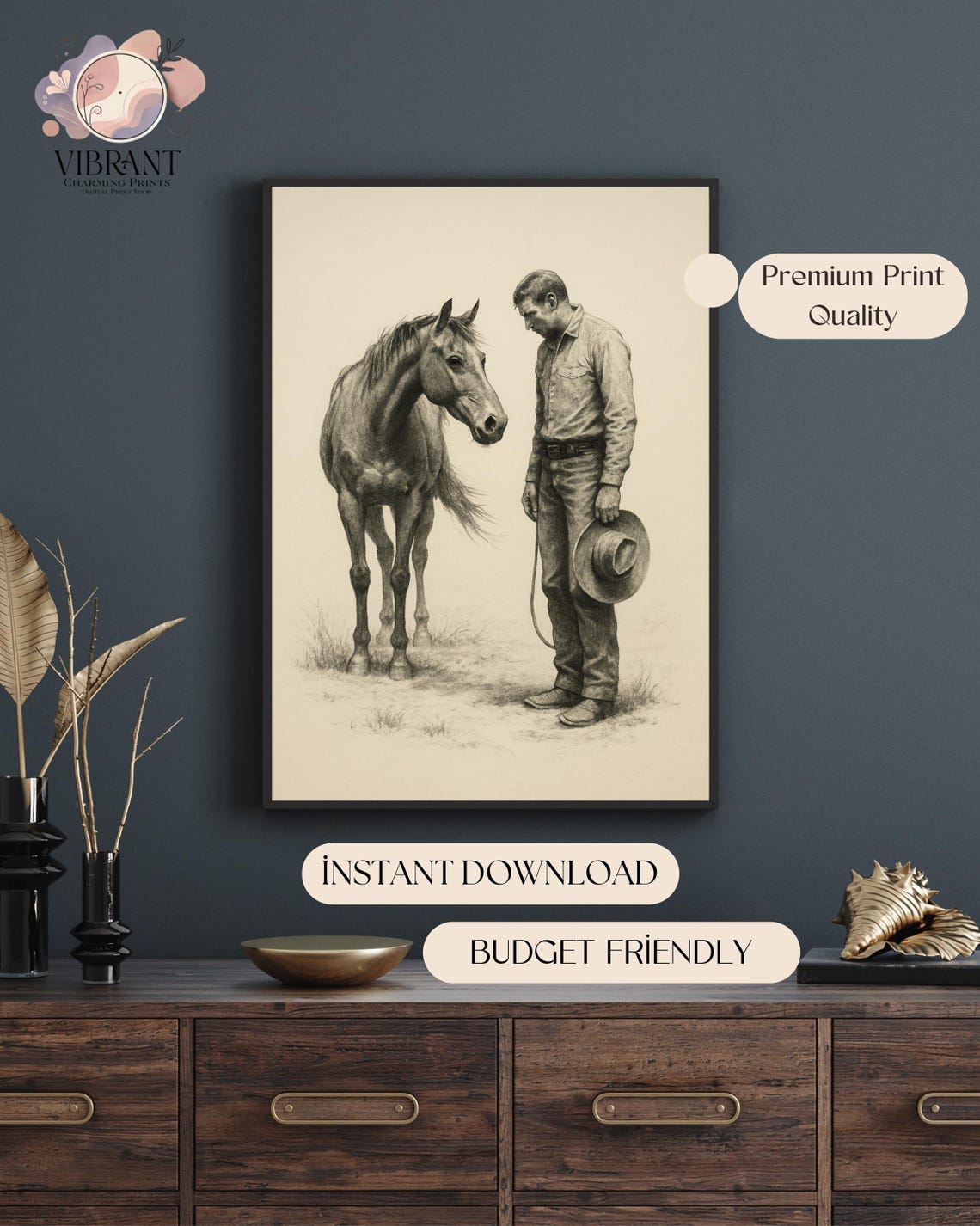 Western Cowboy And Horse Sketch, Vintage Western Decor - Image 4