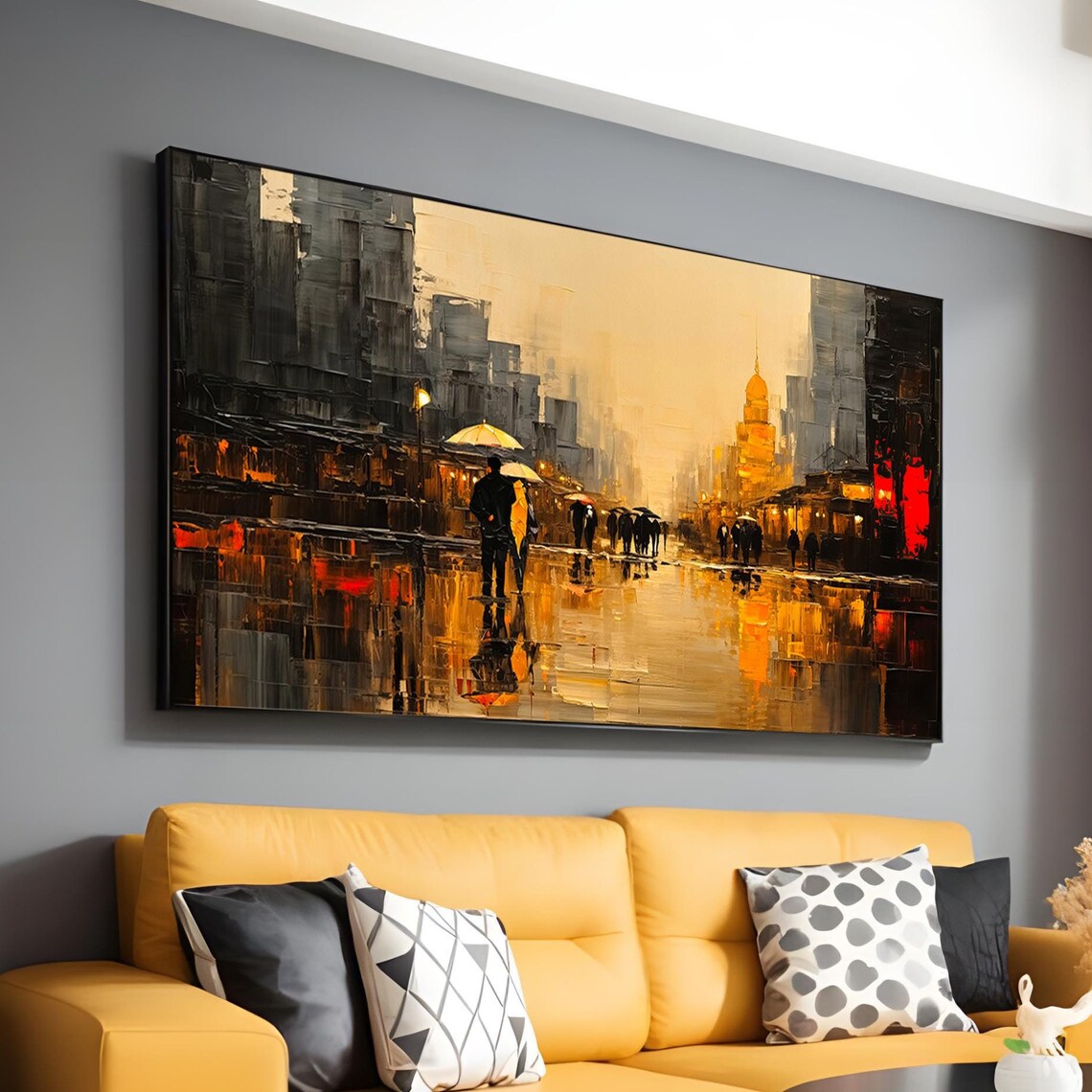 Abstract Cityscape Painting, Rainy Street Scene - Image 5