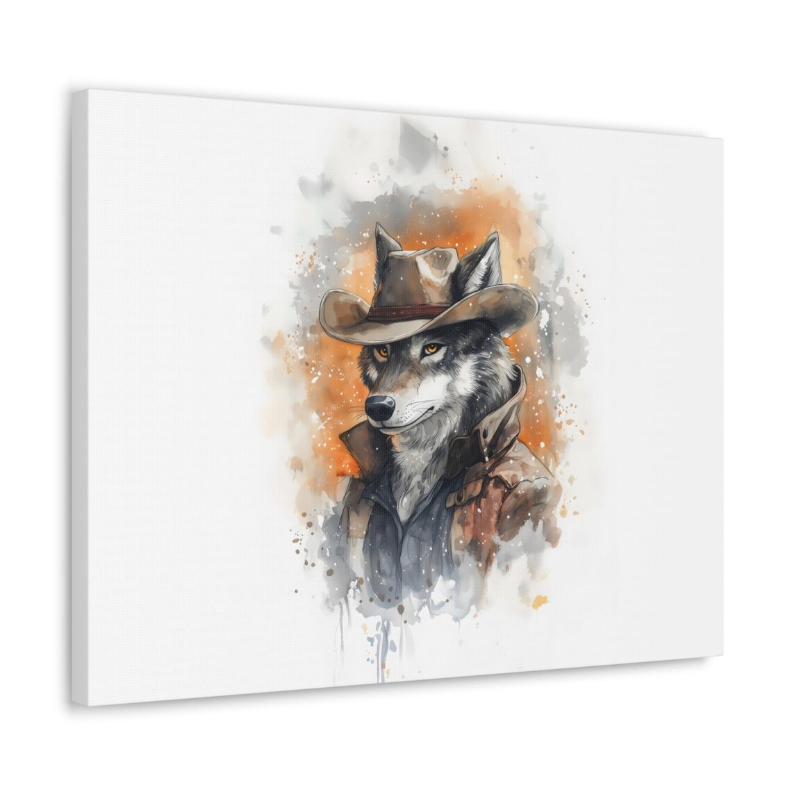 Wolf Cowboy Closeup Watercolor Portrait Amber Eyes Western Wildlife Poster