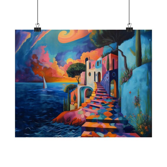 Geometric Coastal Italy Sailboat Poster Print Landscape Modern Painting Nature Calm Relaxing Wall Print Airbnb Art Wall Decor