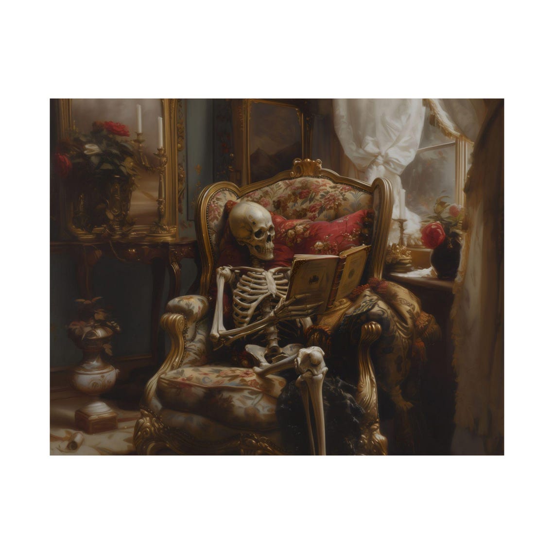 Gothic Skeleton Enjoying A Book By The Window Armchair Print - Image 3