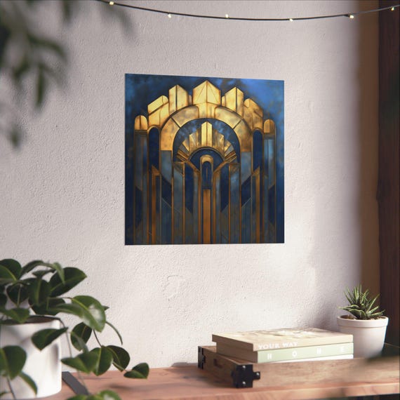 Art Deco 1920s Sleek Blue And Gold Poster Print Bold Statement Vibrant Metallic Look Geometric Colorful Shapes Zig Zags Rustic Art