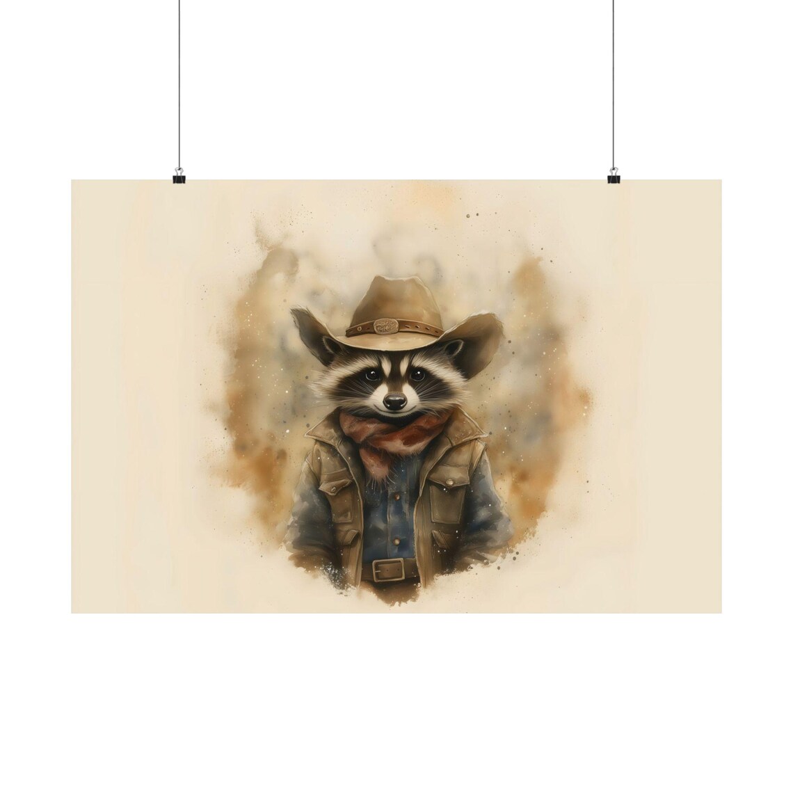 Raccoon Cowboy Watercolor Portrait Brown Hat Denim Vest Western Art Poster - Image 3