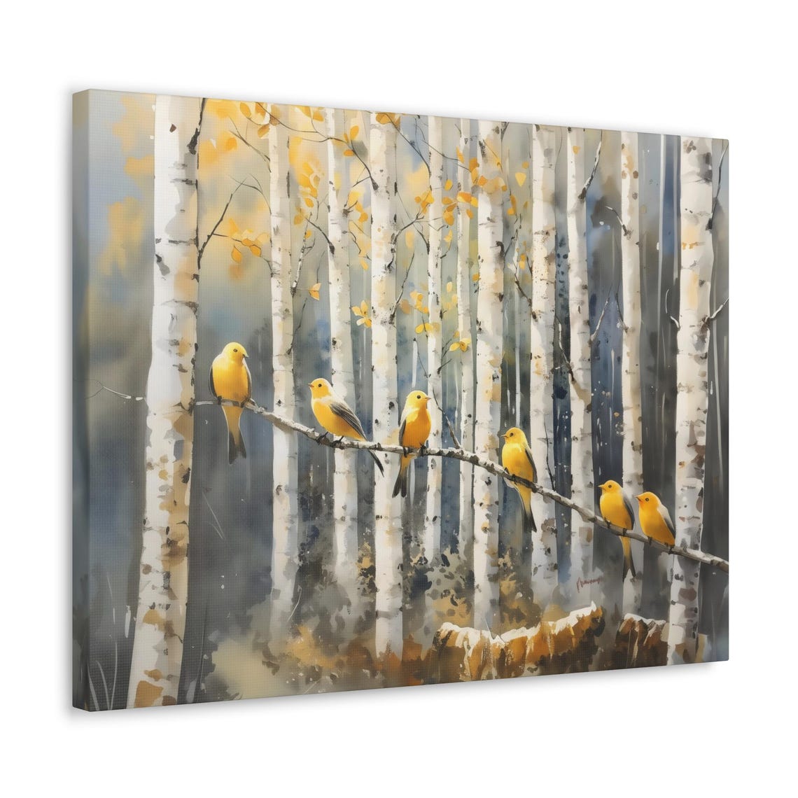 Six Bright Yellow Birds On A Branch Among White Aspen Trees Poster