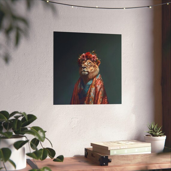 Lion Fashionista Portrait Floral Crown And Red Kimono Robe Poster