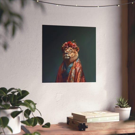 Maximalist Eclectic Fashionista Lion Poster Print Bold Altered Animal Portrait Fantasy Fun Colorful Flowery Rustic Vintage Floral Art